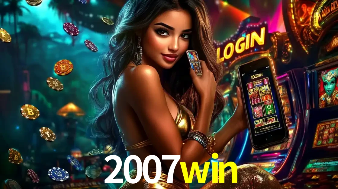 Mulher em um cenário de cassino temático de aventura, mostrando o app de caça-níqueis da 2007win no celular. Fichas de apostas flutuam ao redor.