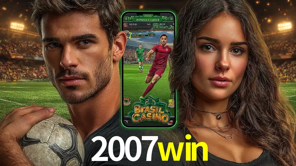 Homem segurando uma bola de futebol e uma mulher ao lado de um smartphone exibindo o jogo de apostas esportivas da 2007win. Faça seu palpite no cassino online.